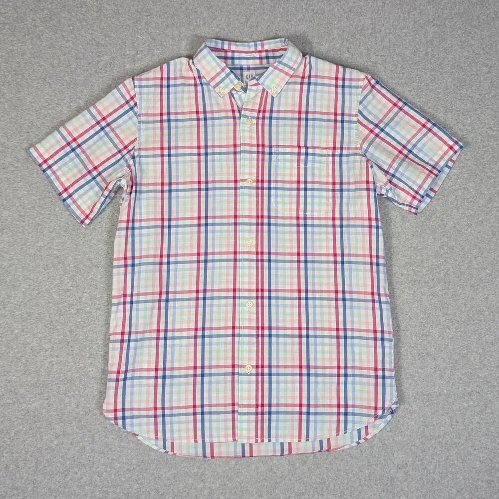 GAP Short Sleeve Button Front Shirt Boys XXL Plaid Poplin Classic Prep Coastal